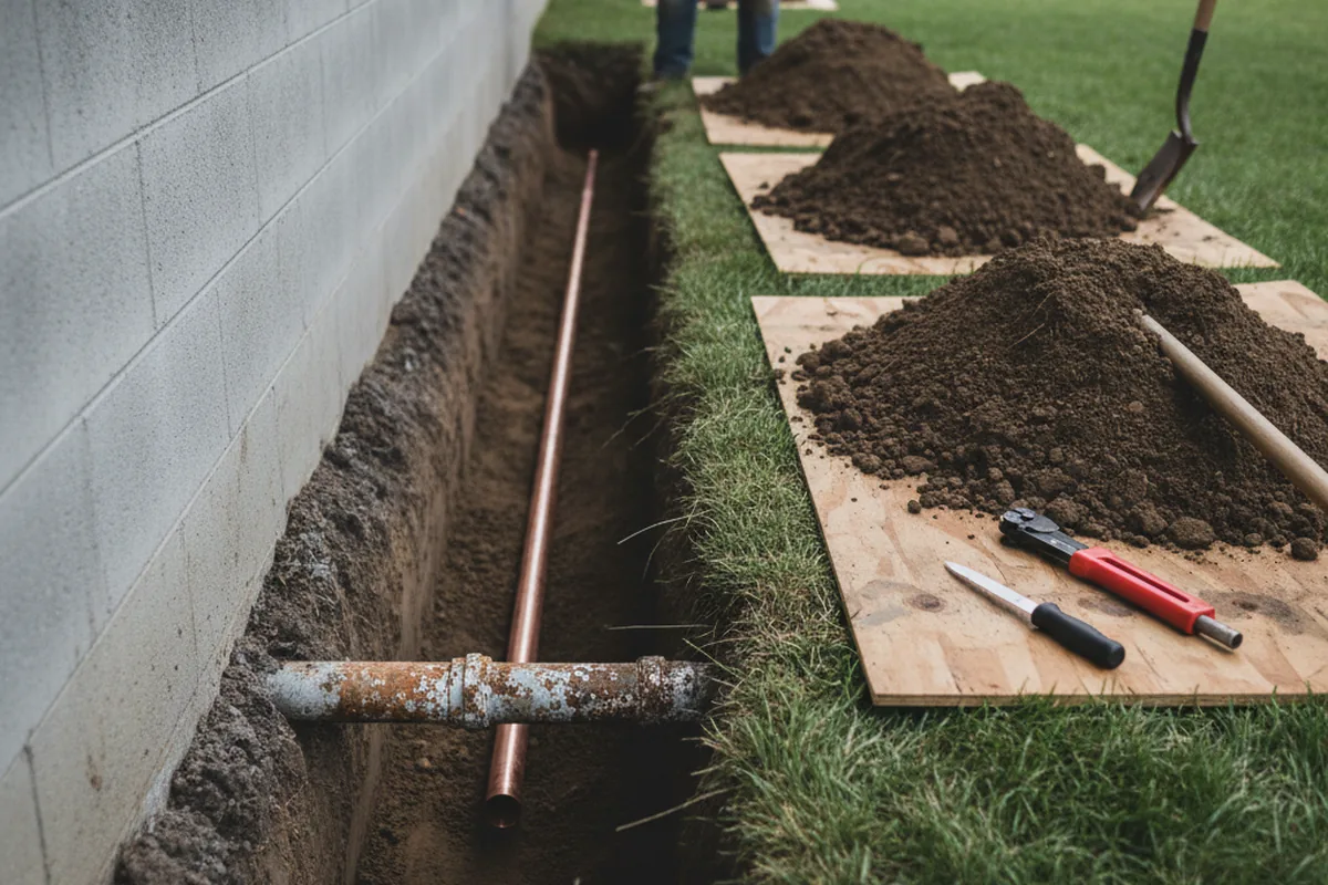 Excavated water line trench during Water Softener Installation in Boomer